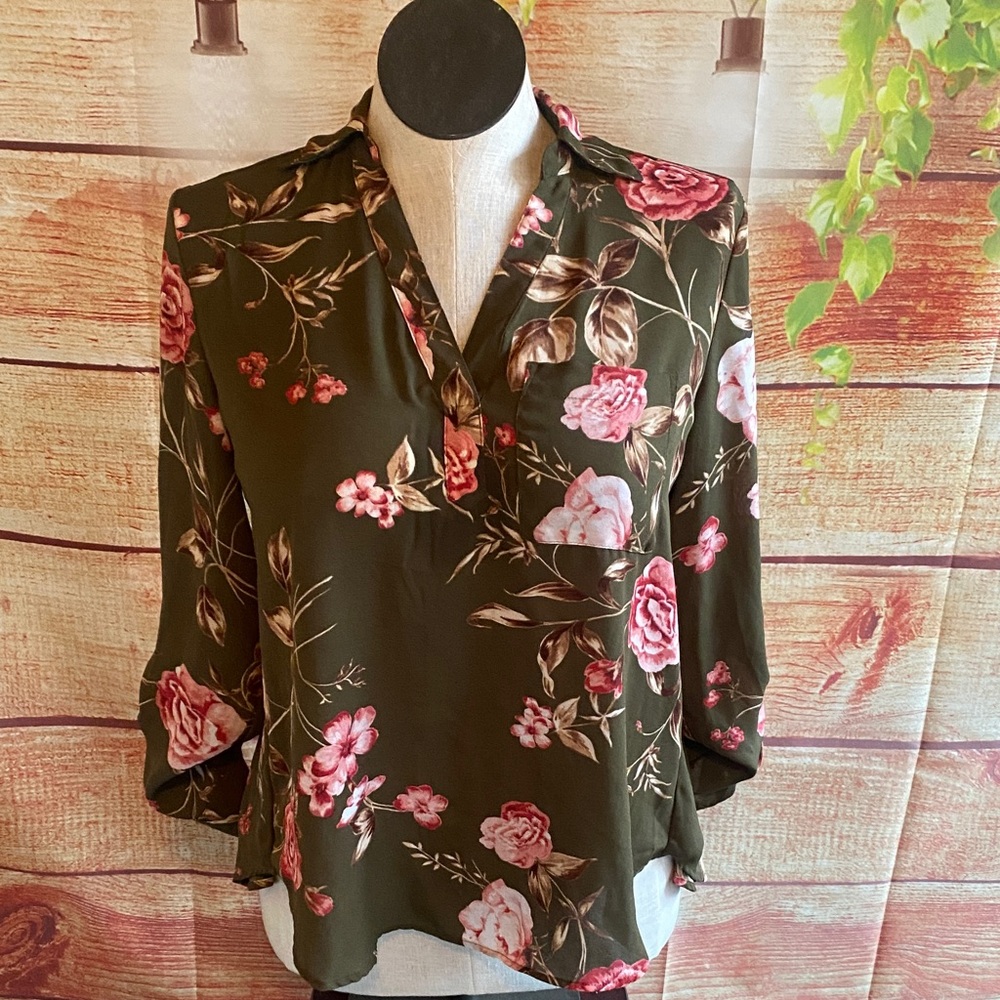 New York & Company Floral Blouse - Olive and Pink